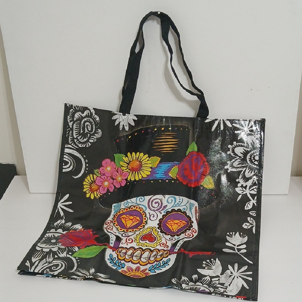 Floral Skull Design Black Tote Bag
